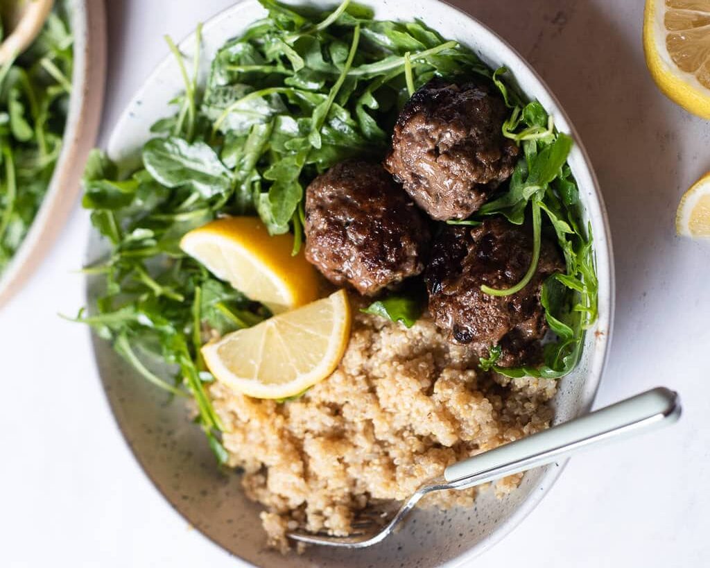 Greek-Inspired Meatballs With Quinoa and Arugula Salad