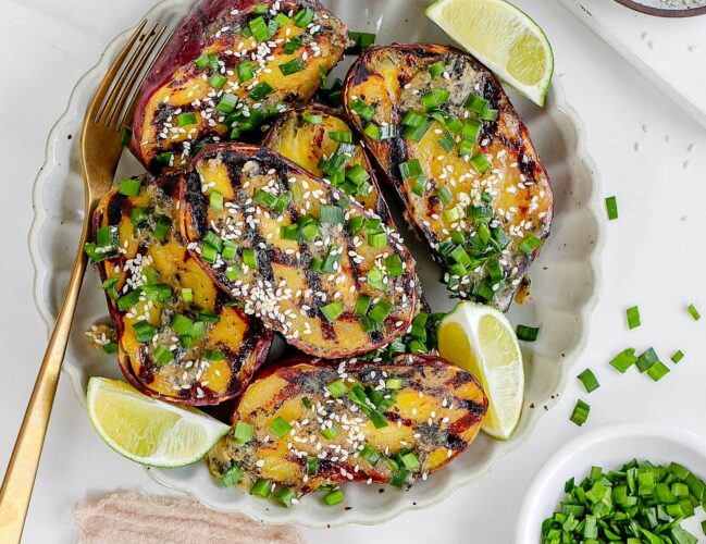 Grilled Japanese sweet potatoes with miso butter
