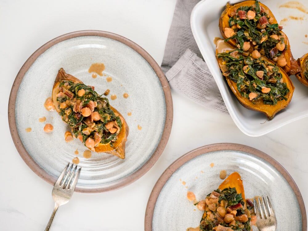 Coconut Greens and Chickpea Loaded Sweet Potato