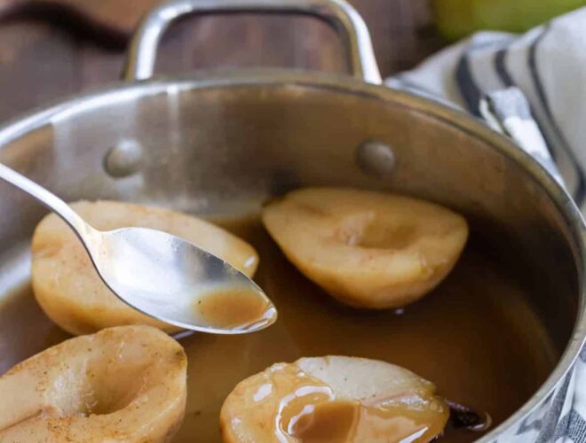 Cider poached pears