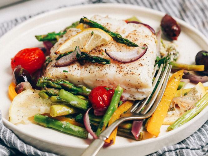 Baked cod with spring vegetables