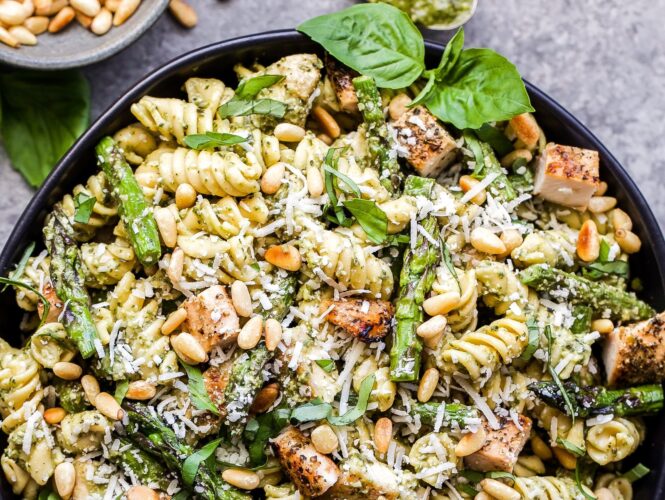 Grilled chicken and asparagus pesto pasta salad
