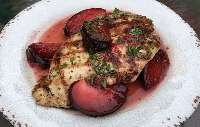 Grilled chicken ruby plum compote