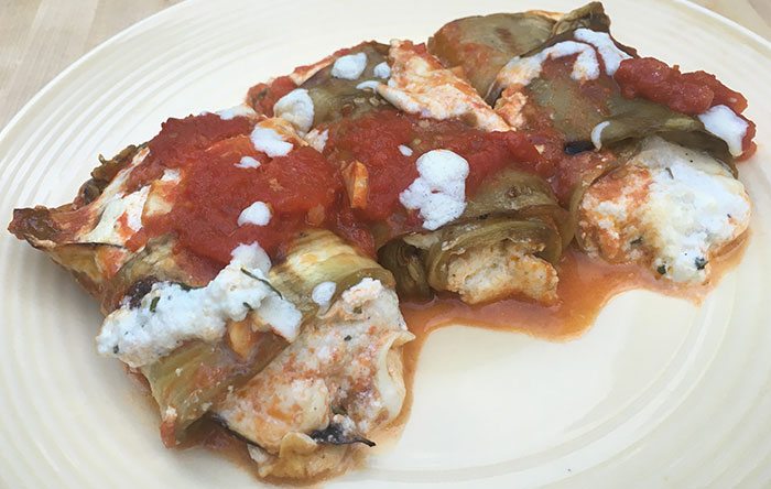 Grilled eggplant rollatini with fresh tomato sauce