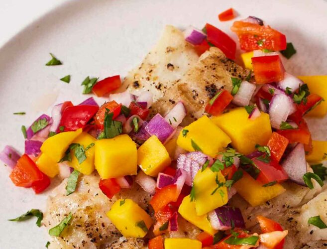 Grilled halibut with mango salsa