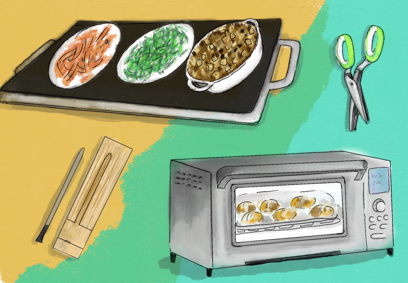 An illustration of an air fryer, herb scissors, and other kitchen tools