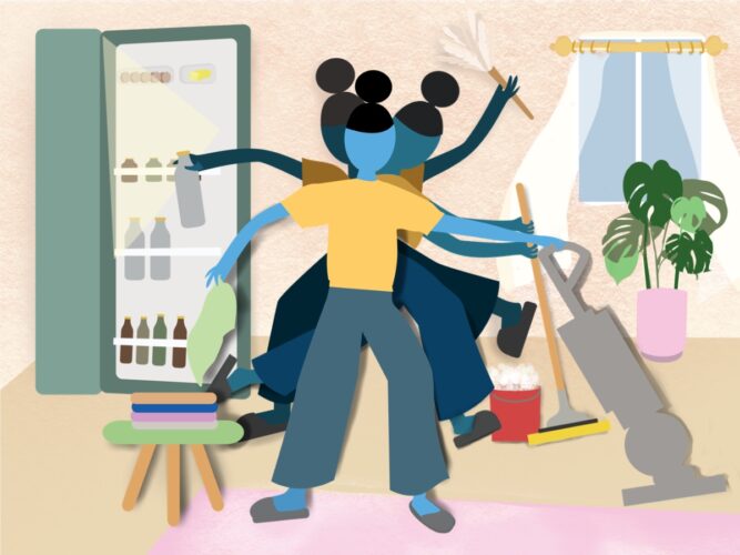 an illustration of someone cleaning and organizing their home in triplicate