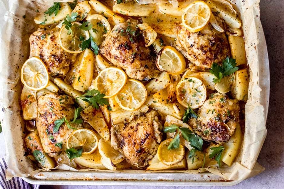 Lemon roasted chicken and potatoes