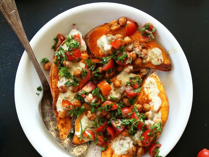Mediterranean baked sweet potatoes