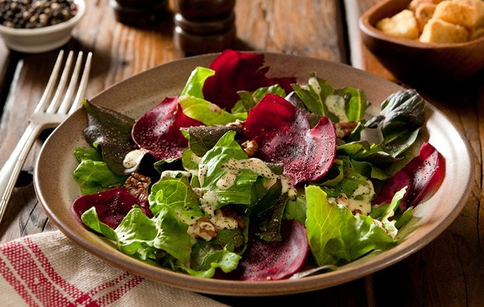 Mustard Greens Salad with Roasted Beets and Toasted Pistachios