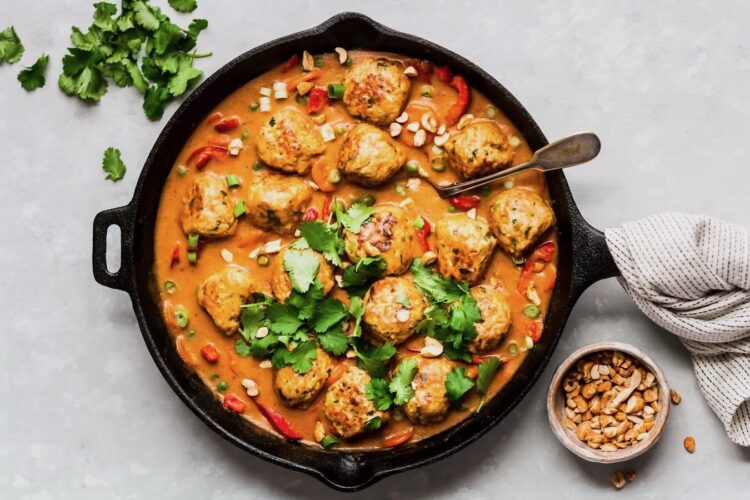 One Pan Ginger Chicken Meatballs With Peanut Sauce