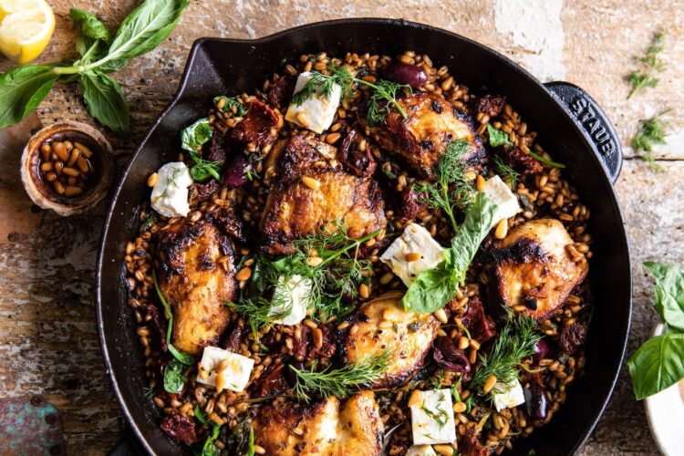 Skillet Chicken and Farro with Sundried Tomatoes & Spinach