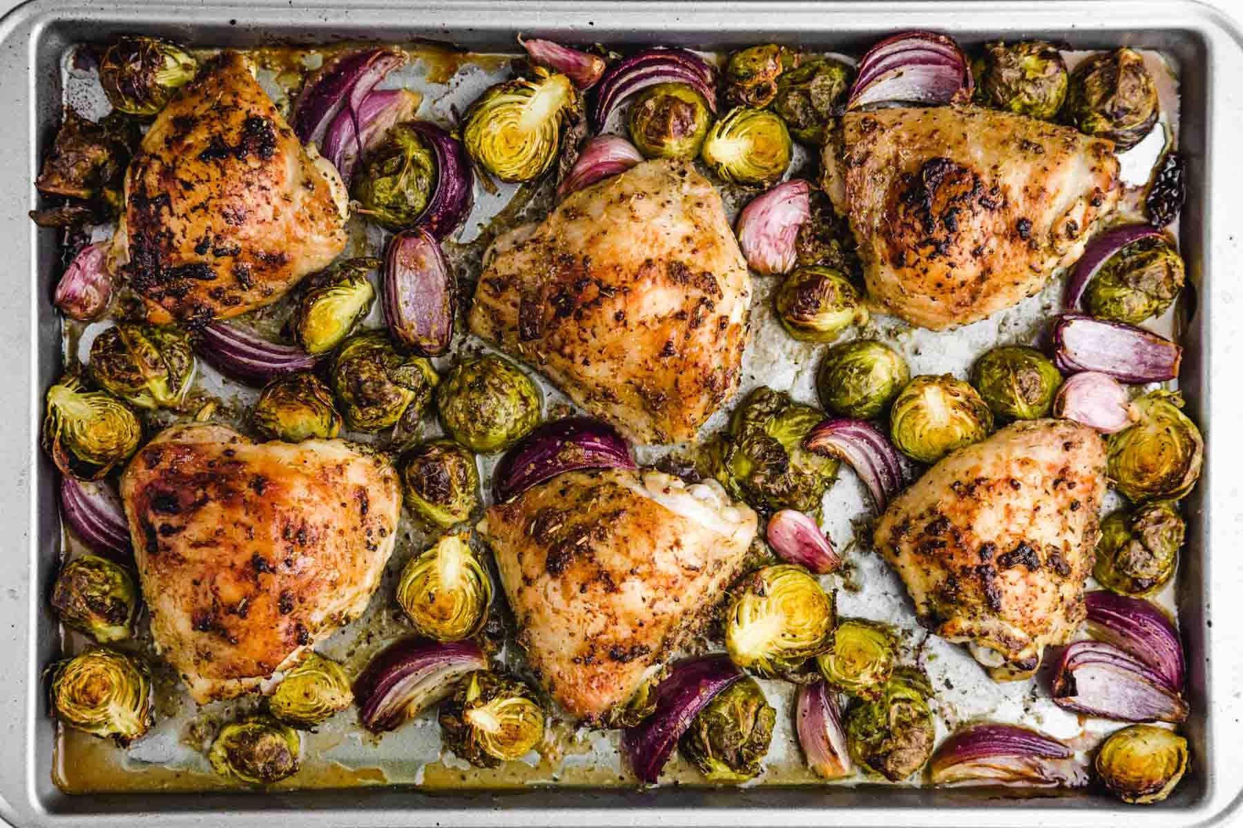 Sheet pan chicken thighs with Brussels sprouts