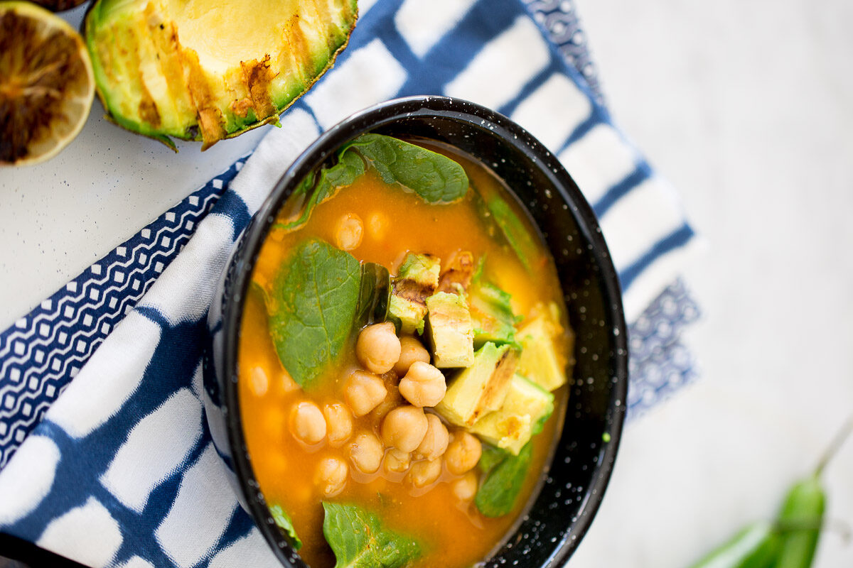 Chickpea Soup with Roasted Avocado and Charred Lime (Mexican-inspired)