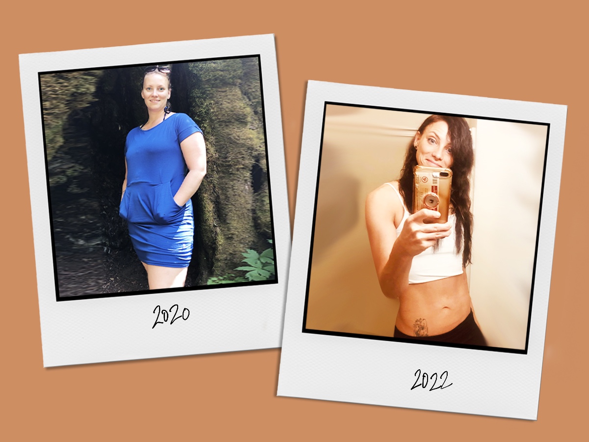 a before and after photo of a super strong woman's weight loss journey