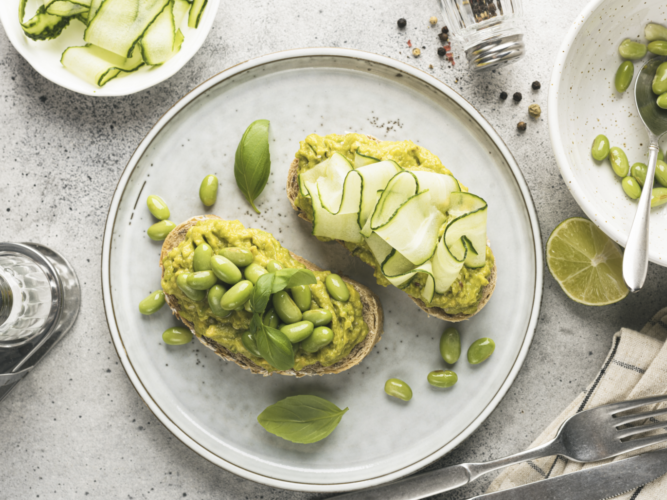 avocado toast with beans and cucumbers