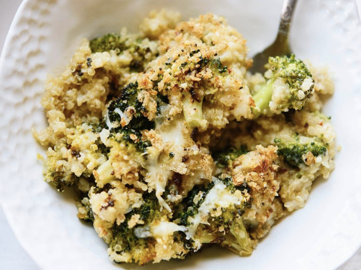 a bowl of broccoli casserole
