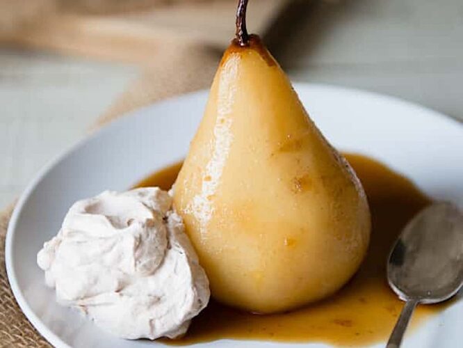 Chai poached pears