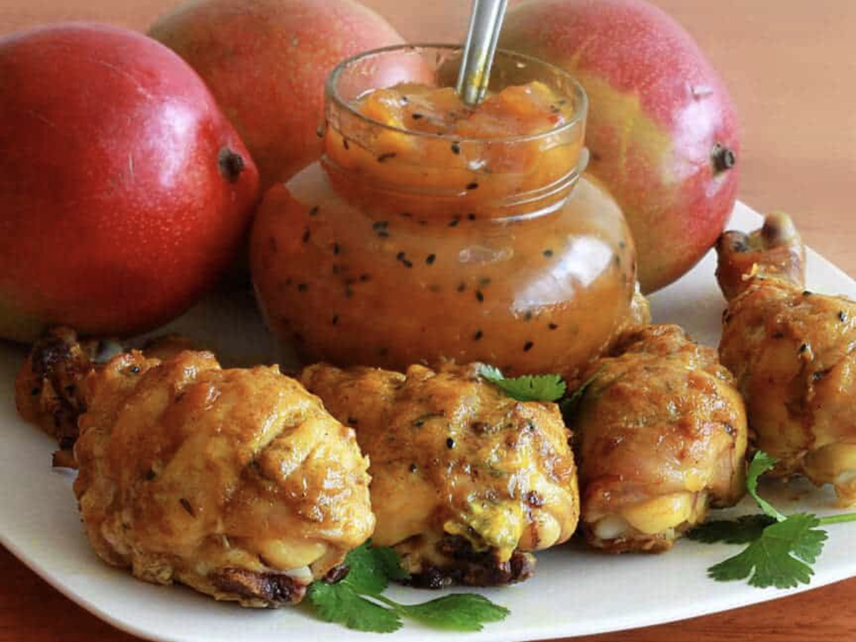 chicken drumsticks with homemade mango chutney
