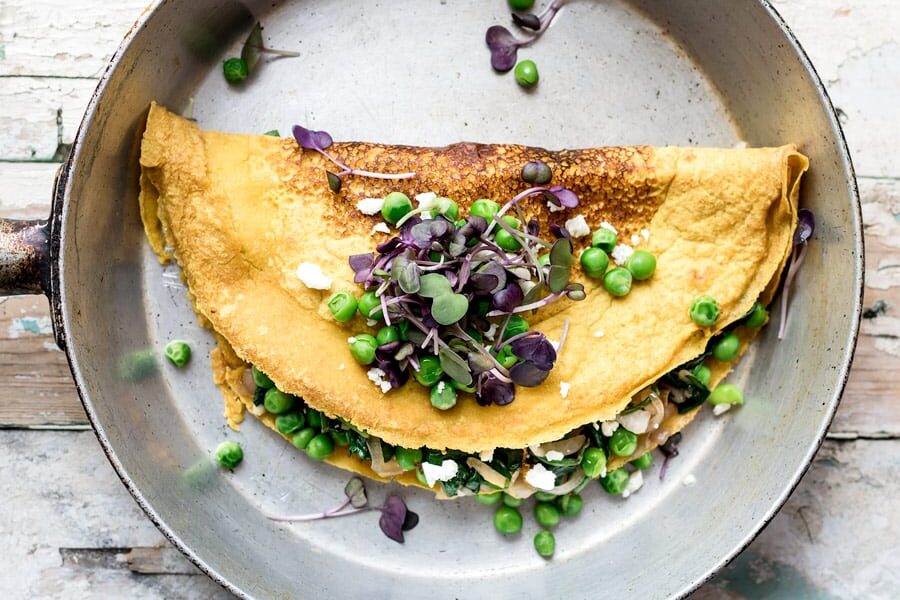Vegan Chickpea “Omelette” with Spinach and Spring Peas
