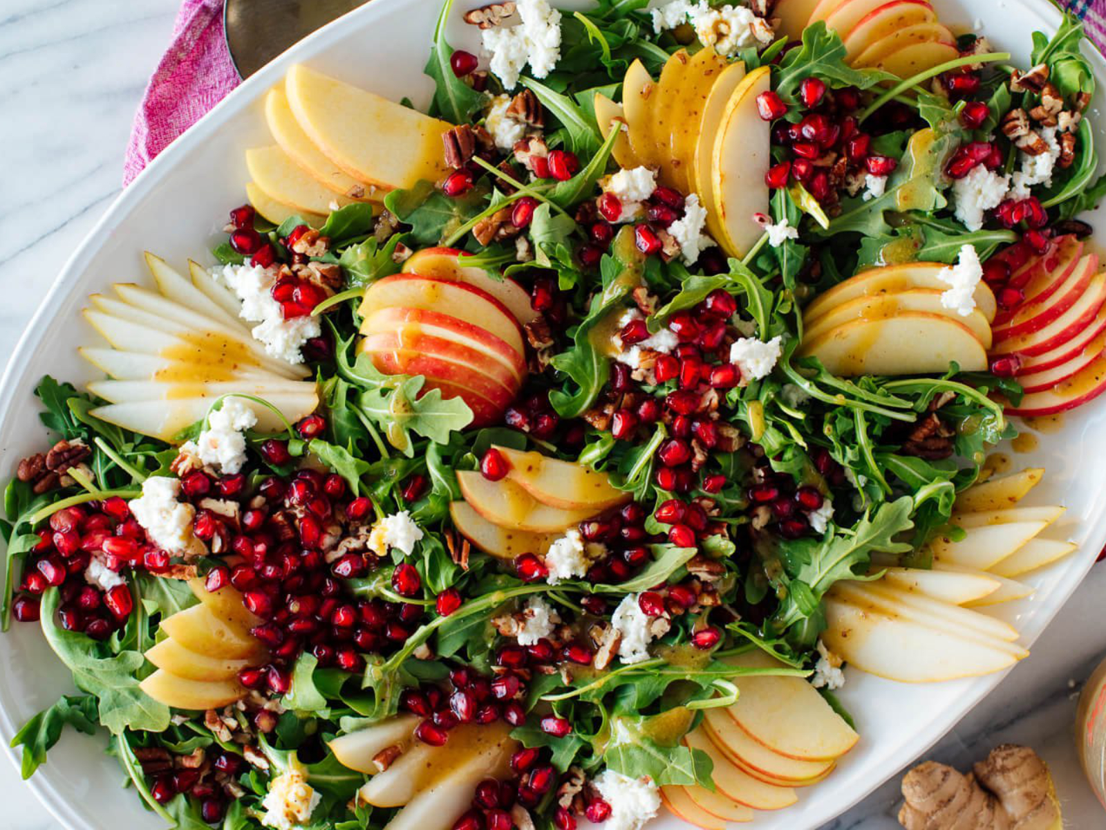 Pomegranate Pear Green Salad with Ginger Dressing