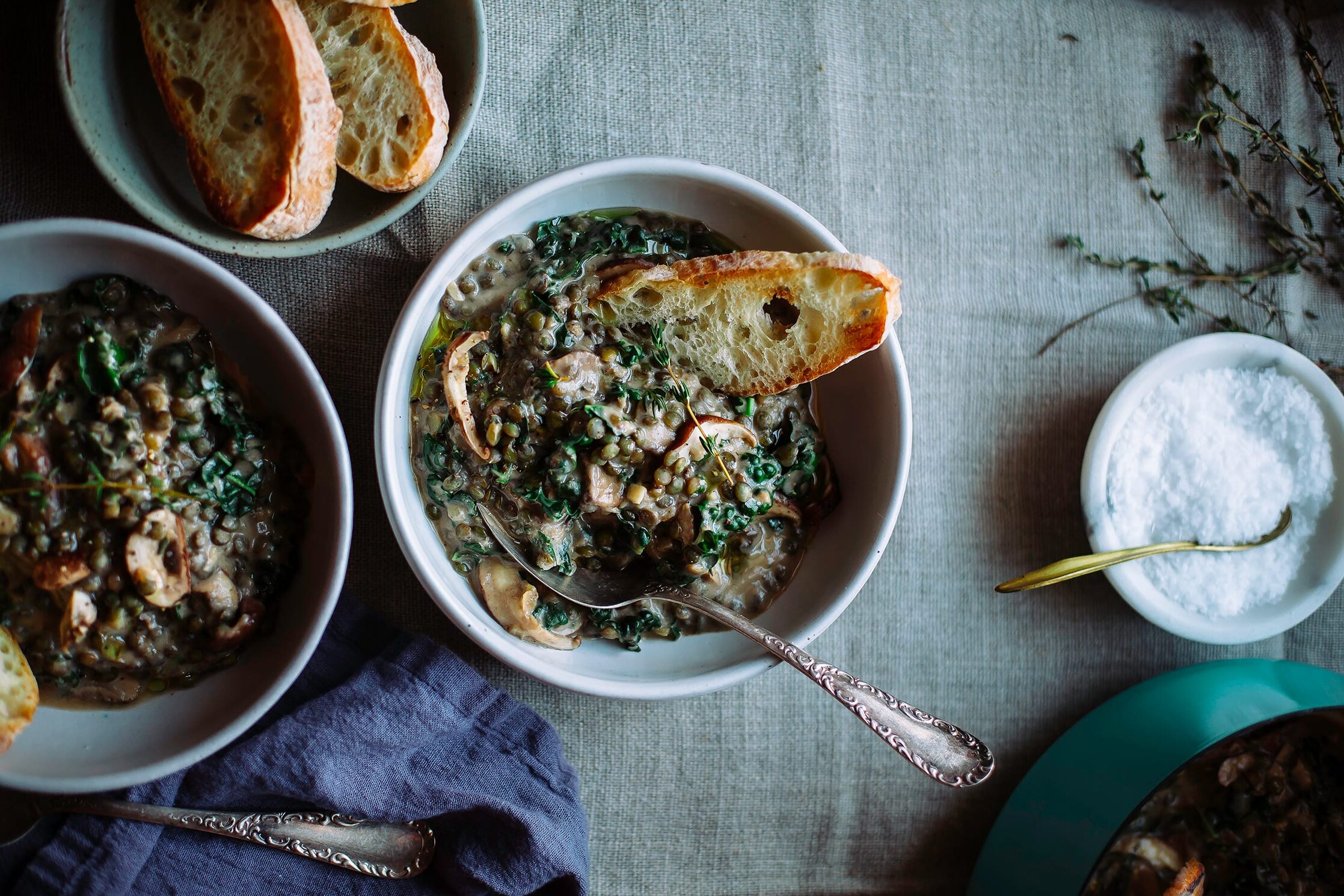 Creamy French Lentils with Mushrooms and Kale
