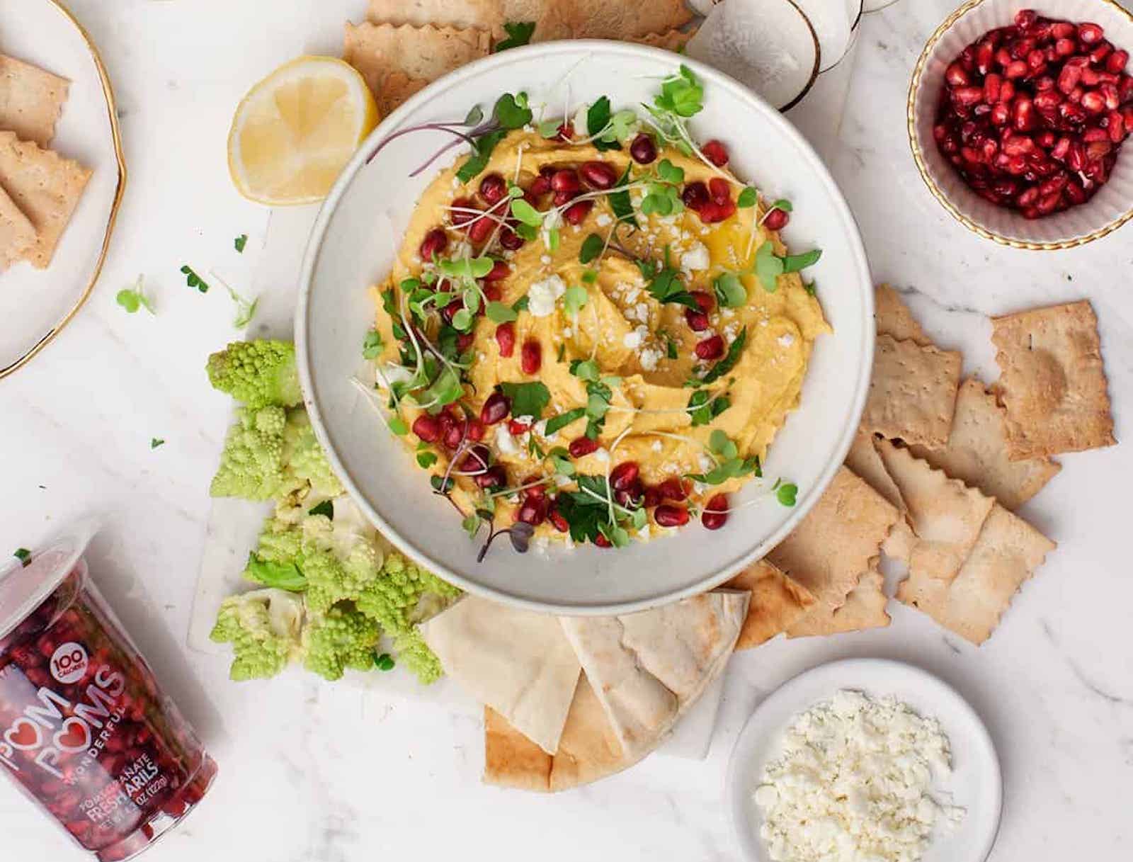 Unique Hummus Recipes, Butternut with Feta and Pomegranates, Courtesy of Love and Lemons