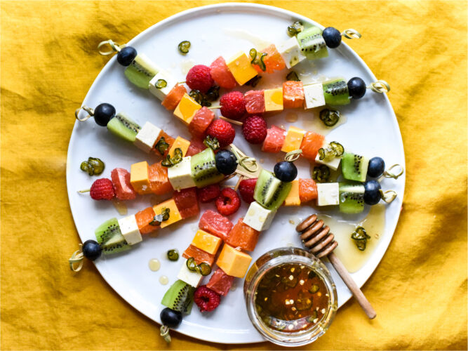 Fruit-and-Cheese Skewers with Jalapeño Honey