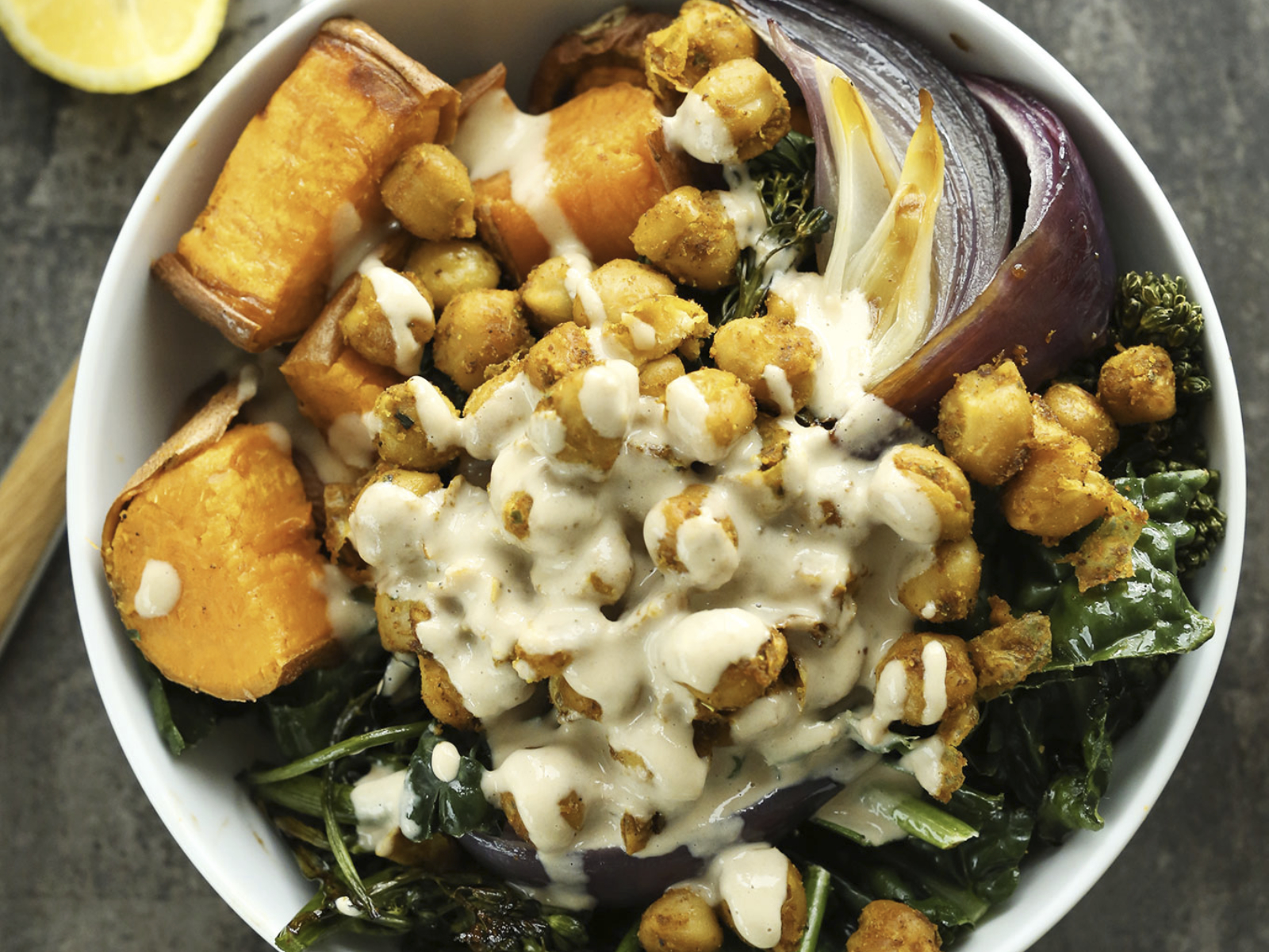 Sweet Potato Chickpea Buddha Bowl with Spinach