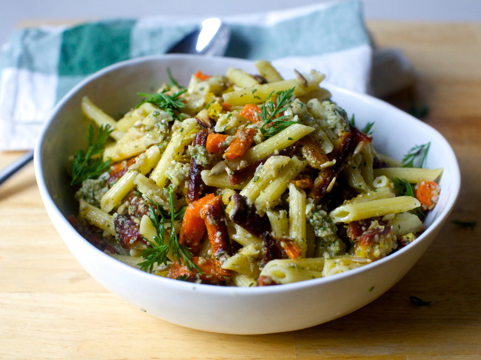 Pasta Salad with Roasted Carrots and Sunflower Seed Dressing