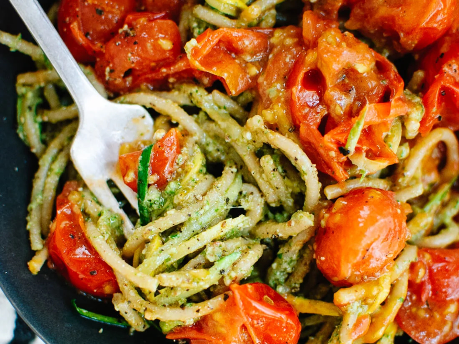 Pesto Squash Noodles and Spaghetti with Burst Cherry Tomatoes