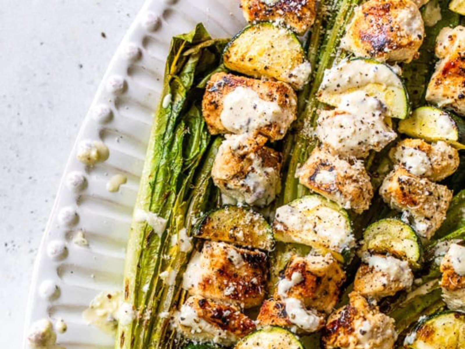 Caesar Marinated Chicken Kabobs with Zucchini and Grilled Romaine
