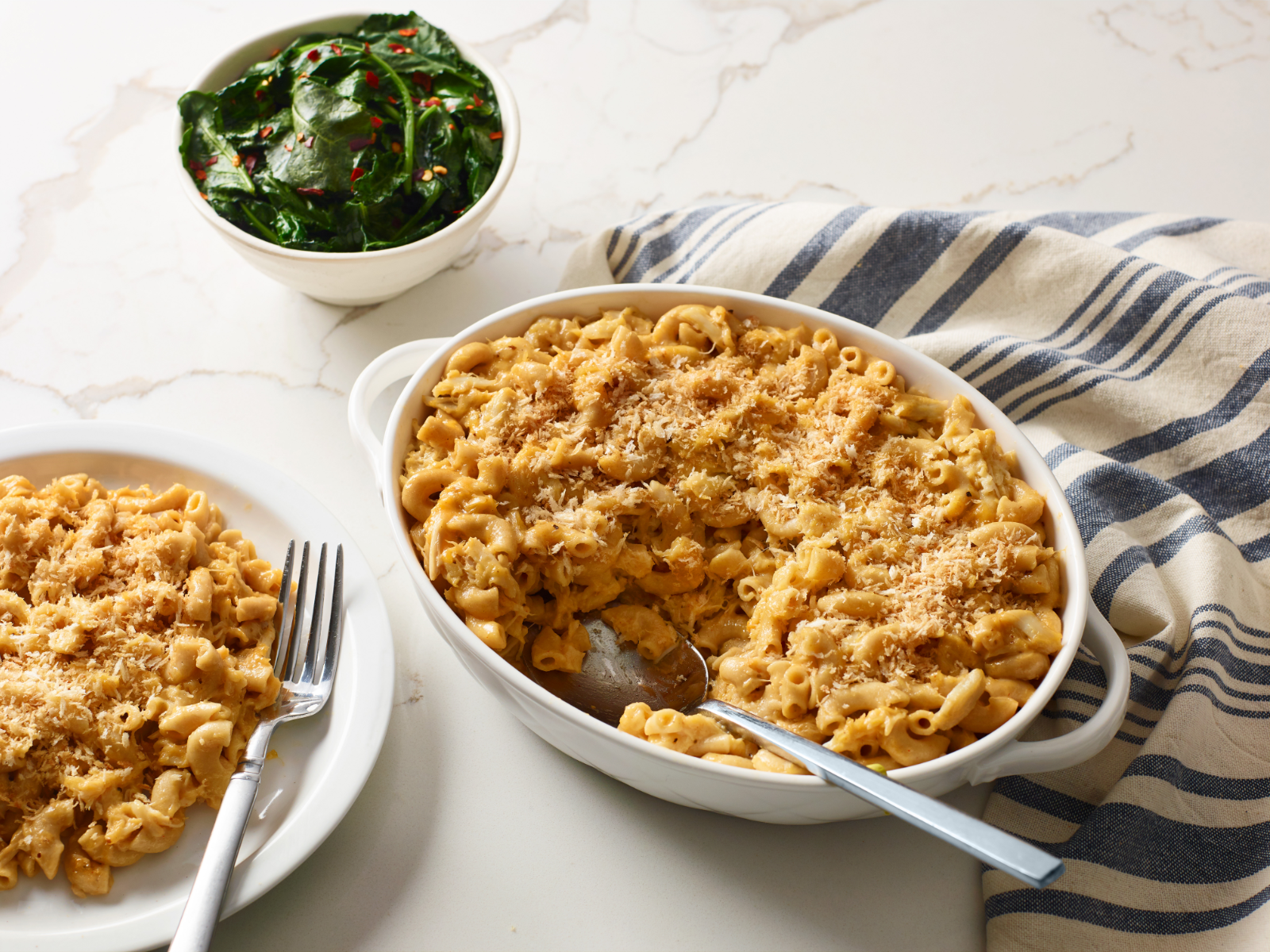healthy mac and cheese in a casserole dish