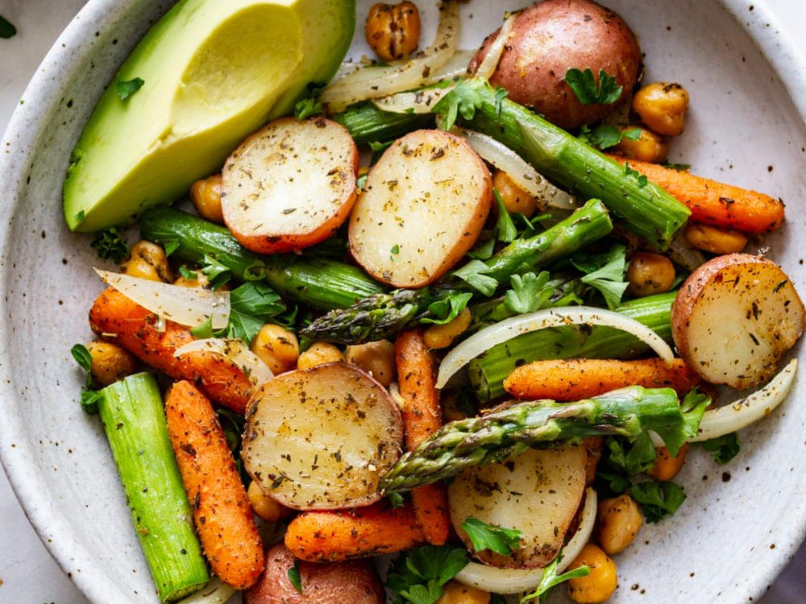 Vegan Sheet Pan Dinner with Herbed Potato, Asparagus, and Chickpeas