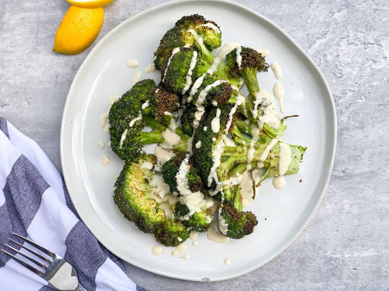 air fryer broccoli recipes: tahini and lemon