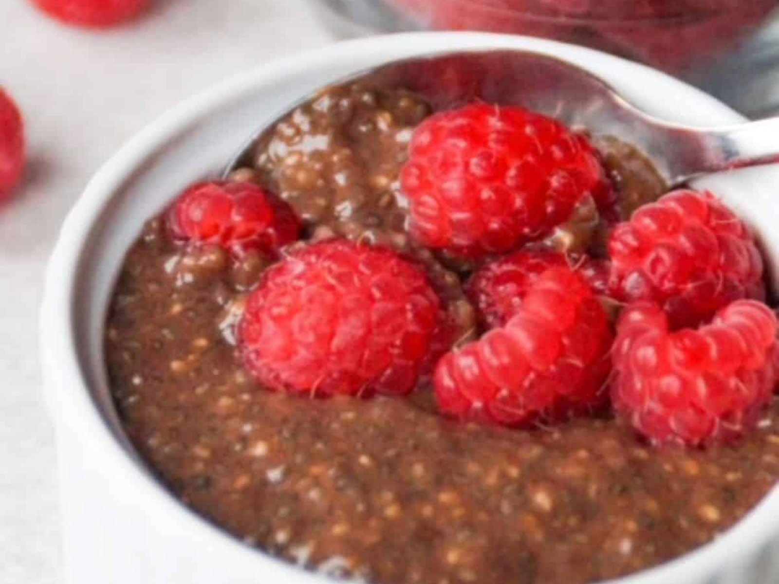 Chocolate Chia Pudding with raspberries