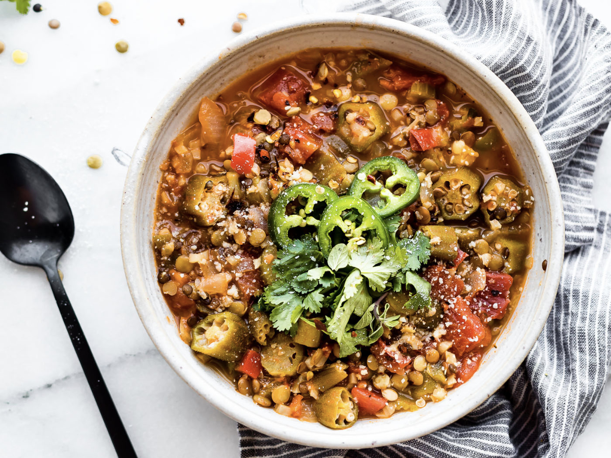 instant pot vegan lentil gumbo in a bowl
