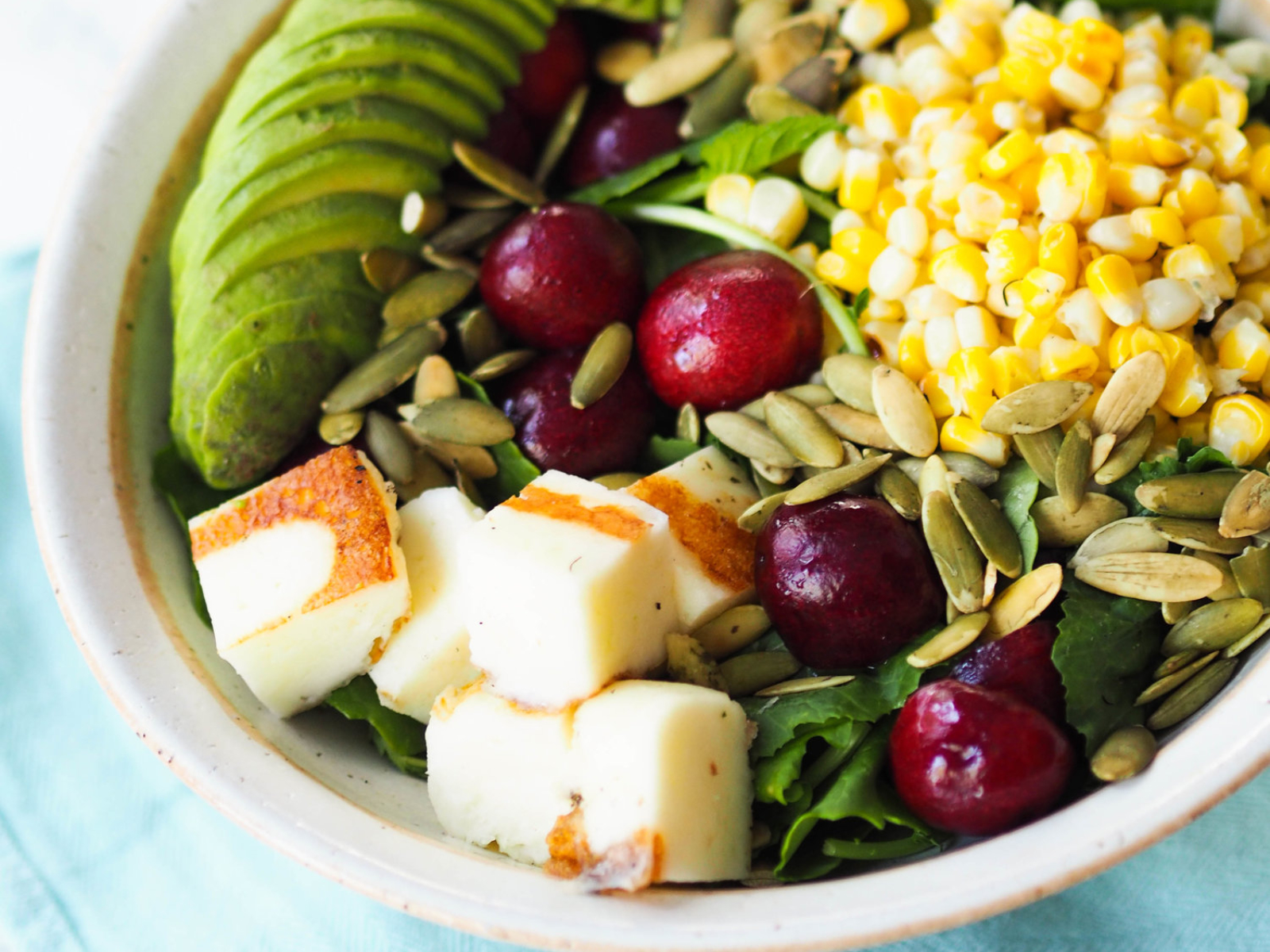 Kale Salad with Cherry and Grilled Halloumi