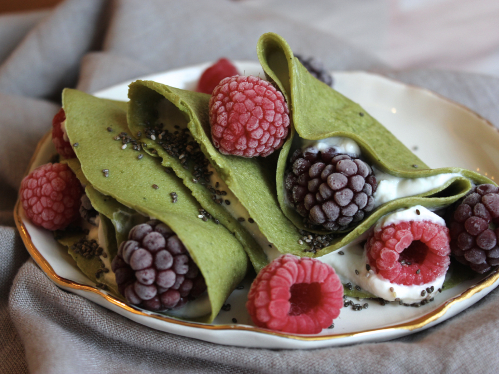 matcha crepes with raspberries and blackberries