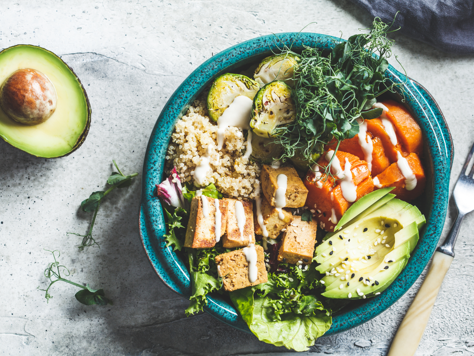 quinoa bowl with grilled tofu and roasted vegetables