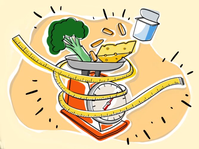 an illustration of a kitchen scale weighing a variety of foods