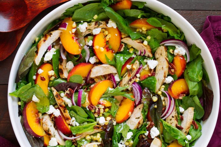 high protein salad: Peach Salad with Grilled Basil Chicken and White Balsamic Honey Vinaigrette