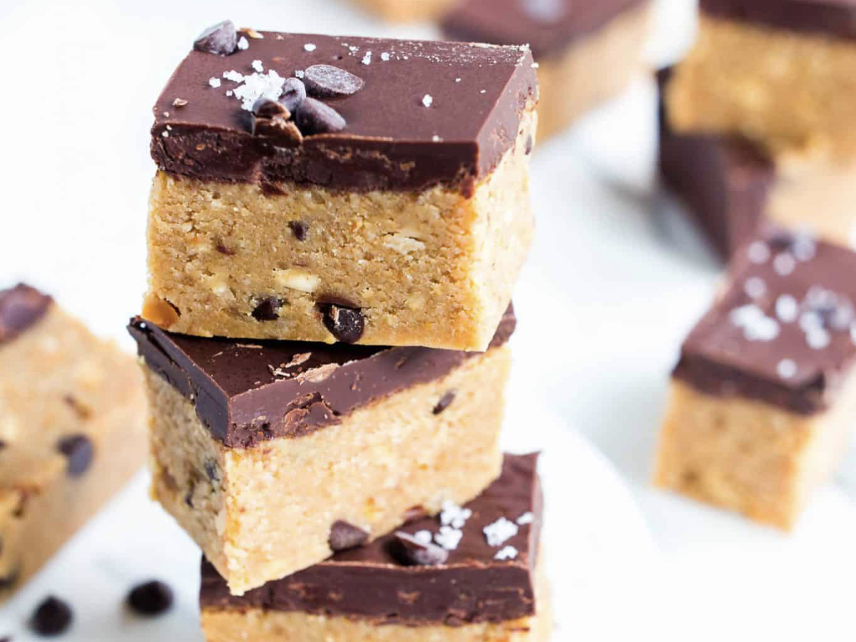 healthy peanut butter bars with chocolate topping