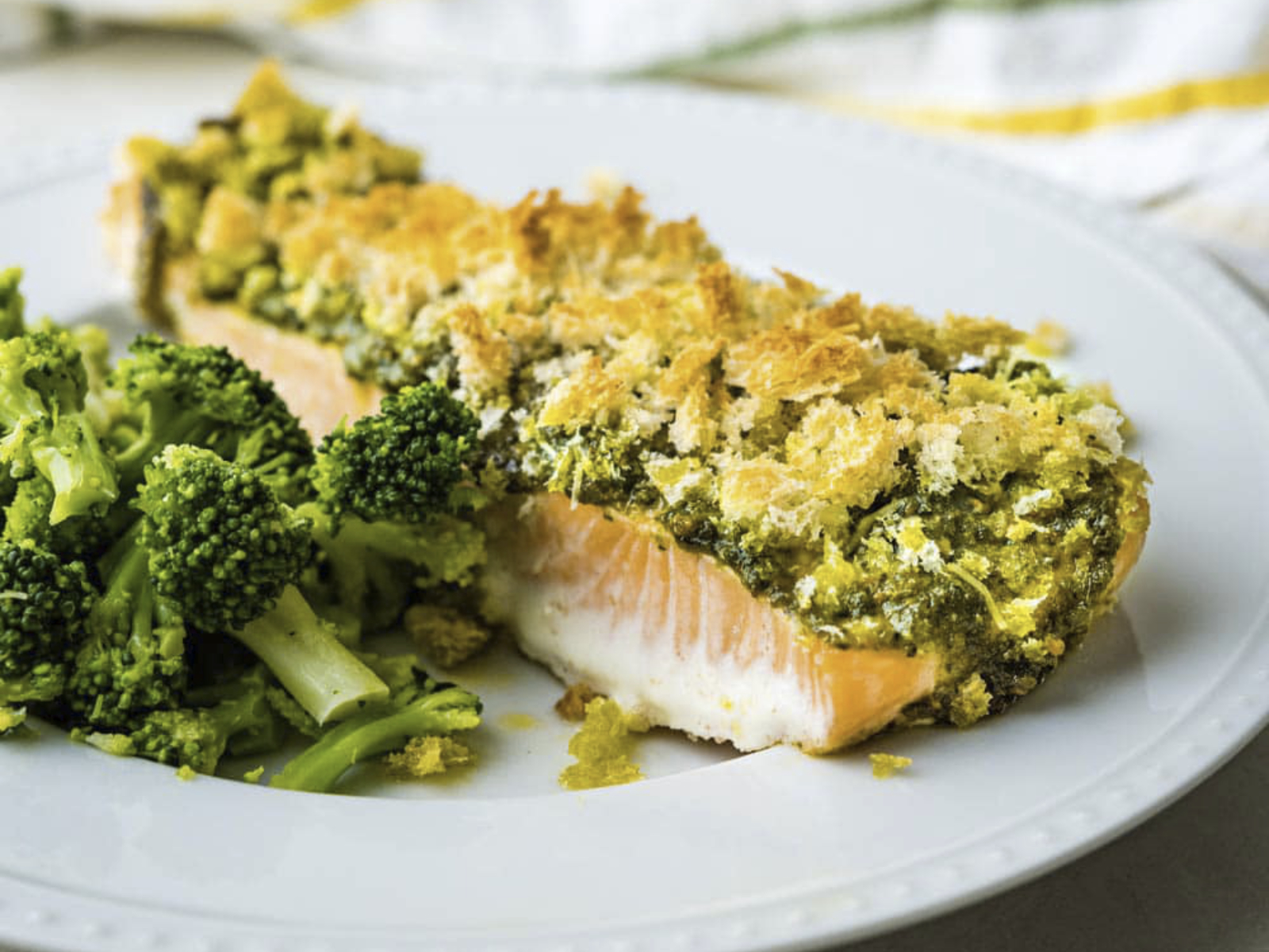 pesto salmon with crumble and a side of broccoli