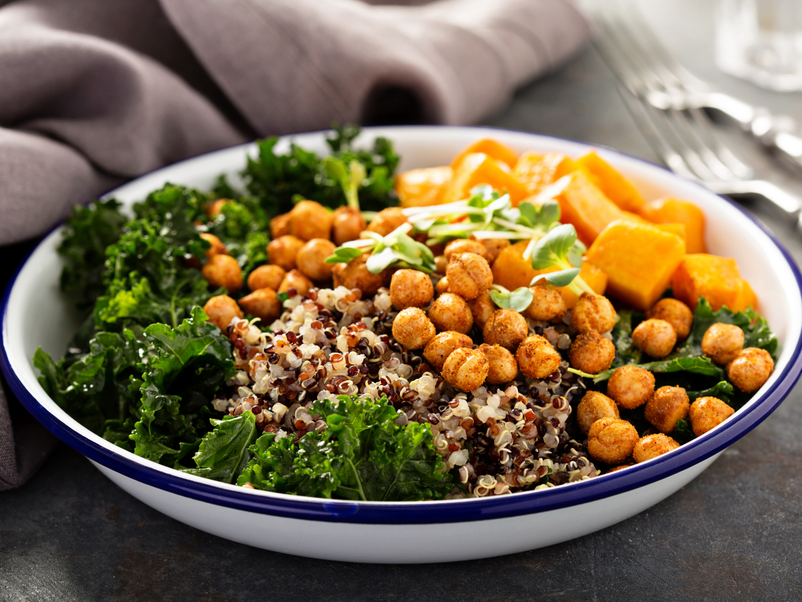 quinoa bowl with roasted veggies and chickpeas