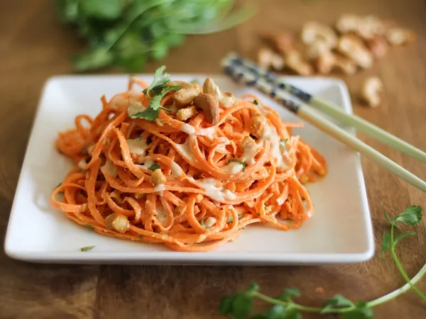 Raw Carrot Pasta With Ginger-Lime Peanut Sauce