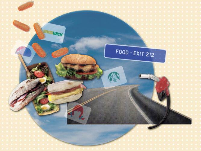 a collage of healthy fast food options