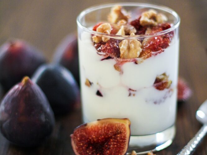 Roasted fig and walnut yogurt parfait
