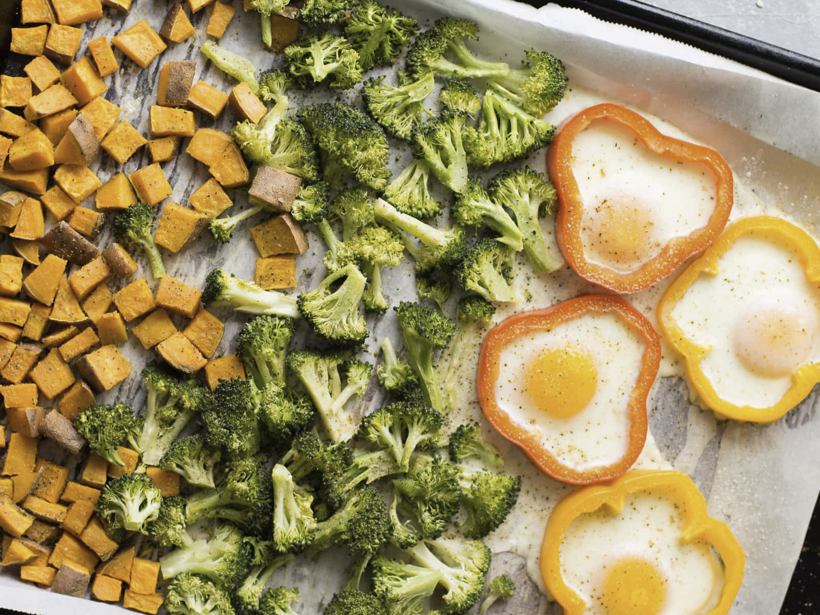 Sheet Pan Egg Breakfast with Sweet Potatoes, Broccoli & Peppers