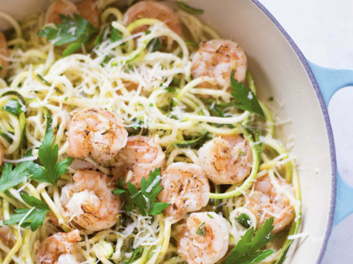 shrimp scampi with zoodles in a large pot